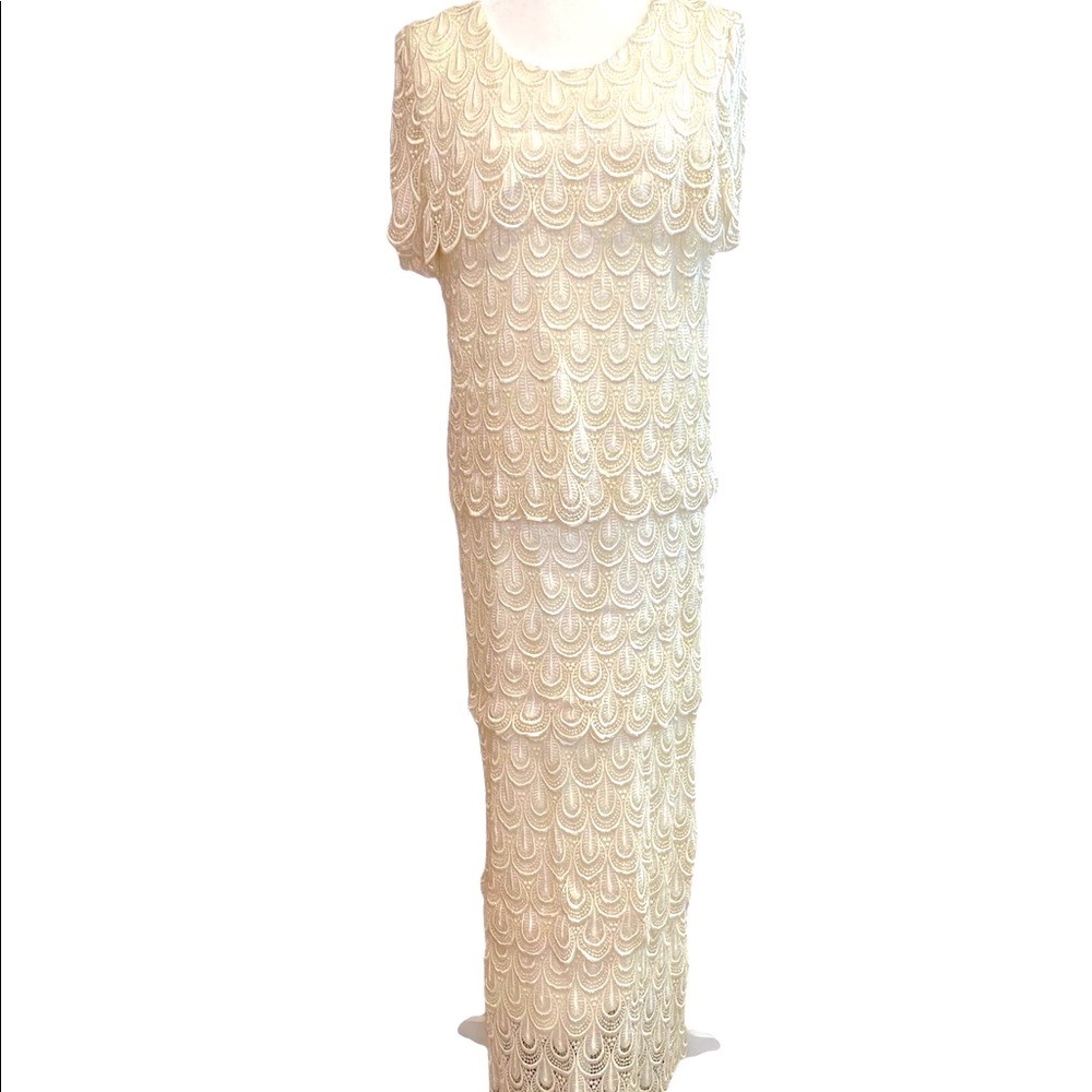 Vintage 90s Satin Lace Gown Scalloped Tiered Ivory Maxi Slit Zipper Back Size 12